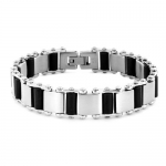 Brushed Stainless Steel Men's Link Bracelet with Black Accents - 8 Inch