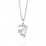 Rhodium Plated Brass High Polish Dolphin and Flower Cubic Zirconia Diamond Pendant Charm Necklace with 16-18 Adjustable Chain