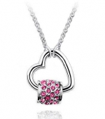 Nickel Free White Gold Plated Silver Bead with Stunning Pink Crystals on Heart Pendant. Chain adjusts 15-17