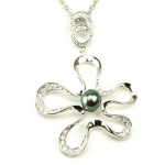 Necklace Pearl Black Sterling Silver Flower CZ Diamonds Crystal Pendant By Bucasi