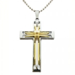 Blue Chip Unlimited - Masculine Silver & Gold Colored 2.5 Stainless Steel Cross Pendant & 18 Ball Chain Necklace Fashion Jewelry