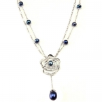 Sterling Silver Necklace Flower Elegant Pearl Black CZ Diamonds Pendant By Bucasi