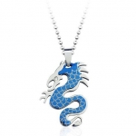Blue Chip Unlimited - Masculine Blue & Silver Dragon with CZ Eye in Stainless Steel with 18 Ball Chain Necklace Fashion Necklace