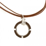 Sterling Silver Necklace Pendant Round Wood Brown Resin Leather Chain By Bucasi