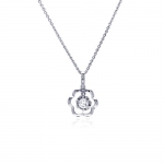 Rhodium Plated Brass Open Flower with Hanging Cubic Zirconia Diamond Pendant Charm Necklace with 16-18 Adjustable Chain