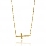 .925 Sterling Silver Yellow Gold Plated Cubic Zirconia Sideways Cross Charm Necklace with 16-18 Adjustable Chain