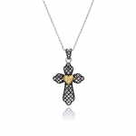 Rhodium Plated Brass Designer Cross Design and Yellow Gold Quality Plated Center Heart Cubic Zirconia Diamonds with 16-18 Adjustable Chain