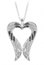 Sterling Silver Angel Feather Wing heart shaped White and Black Diamond Pendant Necklace(GH,I1-I2,0.31ct)