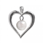 Rhodium Plated Sterling Silver Freshwater Cultured 8mm Button-shaped White Pearl Heart Pendant