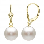 14k Yellow Gold with 8-9mm White Round Cultured Freshwater Pearl Leverback Earring. Included Small Brown Jewelry Gift Box with Bow. Perfect Holiday Gift for the Loved One