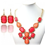 Gold Tone Coral and Raspberry Pink Crystal Geometric Statement Bubble Necklace and Earring Set
