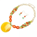 Goldtone Citrus Colored Beaded Pendant Necklace and Earrings Set