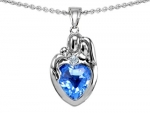 Original Star K(tm) Loving Mother And Father With Child Family Pendant With 8mm Genuine Heart Shape Blue Topaz in .925 Sterling Silver