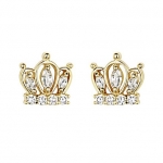 14K Yellow Gold Plated Crown CZ Stud Earrings with Screw-back for Children & Women