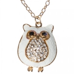 Gold & White Enamel Long Owl Necklace with Rhinestones