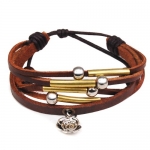 Gold Tone Tube Design Silver Rose Charm Beaded Leather Zen Bracelet
