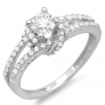 1.00 Carat (ctw) 14k White Gold Round Diamond Ladies Solitaire with Accents Split Shank Bridal Engagement Ring