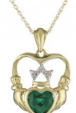 XPY 14k Yellow Gold Created Emerald and Diamond Claddagh Pendant