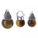.925 Sterling Silver Round Shape Tiger Eye and Marcasite Accents Snap Back Closure Findings 12mm x 20mm Earring Pendant Jewelry Set