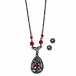 Genuine 1928 Boutique (TM) Necklace. Black-plated Red Crystal Filigree Earrings & 16in Necklace Set. 100% Satisfaction Guaranteed.