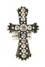 High Fashion Oxidized Silver Ankh Cross Ring with Clear Crystals - Stretchable