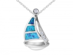Blue Opal Sailboat Pendant Necklace in Sterling Silver with Chain