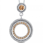 Classic Beauty: Sterling Silver Rhodium Finish Designer Inspired Circle Pendant Necklace with Champagne Cubic Zirconia