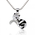 925 Sterling Silver Rhodium Plating Black Striped Cat Enamel White CZ Stone Accent Pendant Necklace, Women and Teen Jewelry 18'' - Nickel Free