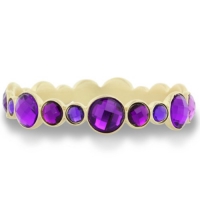 Round Bezel Gold Tone Bangle Bracelet with Shimmering Purple Crystals, Fits Wrist Sizes 7-8