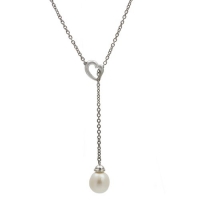 Heart Shape Lariat Necklace 14k White Gold 6.7 Gram, 9-10mm White Freshwater Pearl High Luster, 19 Length.