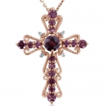 Filigree Diamond and Garnet Pendant Cross Necklace in 14K Rose Gold, Certificate of Authenticity