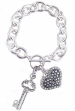 Heart and Key Charm Bracelet - Silver Plated Metal Link with Toggle Closure (7-1/2) (FB182)