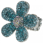 Silver Flower with Turquoise Rhinestone Covered Pedals Stretch Bling Ring