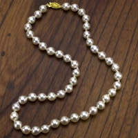 14k Yellow Gold Over Silver 8-9mm White Akoya Japanese Saltwater Pearl High Luster Necklace 18 Length.