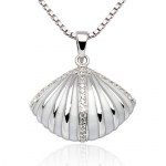 925 Sterling Silver Rhodium Plating White Shell Striped Enamel White CZ Stone Accent Shell Pendant Necklace, Women and Teen Jewelry 18'' - Nickel Free