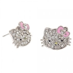 Cute Silver Plated Hello Kitty Crystal Cz Stud Celebrity Teen Earrings with Light Pink Bow. 0.5