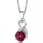 Magical Romance: Sterling Silver Rhodium Finish Round Shape Checkerboard Cut Ruby Pendant with 18 inch Silver Necklace