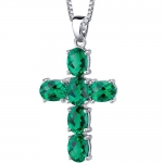 Radiant Glory: Sterling Silver Rhodium Finish 4.50 carats Oval Shape Emerald Cross Pendant with 18 inch Silver Necklace