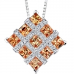 Mesmerizing and Sophisticated: Sterling Silver Diamond-Shaped Quilted Pendant Necklace with 5mm Champagne Cubic Zirconia