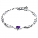 White Gold Plated Bracelet with 1.5 Carats Heart Shape Purple Zirconia Crystal Angel Wings 7 Long with 1 Extender