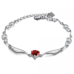 White Gold Plated Bracelet with 1.5 Carats Heart Shape Red Zirconia Crystal Angel Wings 7 Long with 1 Extender