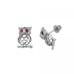 .925 Sterling Silver Rhodium Plated 10mm(H) x 6mm(W) CZ Owl Stud Earrings with Screw-back for Children