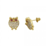 14K Yellow Gold Plated 10mm(H) x 8mm(W) CZ Fat Owl Stud Earrings with Screw-back for Children