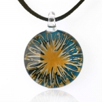 Chuvora Hand Blown Venetian Murano Glass Pendant Necklace Blue with Yellow Flower