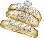 Men's Ladies 10K Yellow Gold Round Diamond 0.07 Ct. Engagement Ring Wedding Band Trio Bridal Set