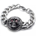 KONOV Jewelry Large Heavy Stainless Steel Gothic Skull Cubic Zirconia Biker Men's Bangle Bracelet, Color Red Silver (with Gift Bag)