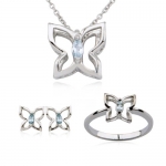 Rhodium Plated Sterling Silver Genuine Blue Topaz Butterfly Pendant, 18, Earring, and Ring Set