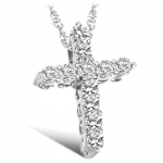 Rhodium Plated Cross Pendant Necklace with Crystal Cubic Zirconia Pave Cross Pendant in Clear Color