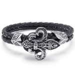 KONOV Jewelry Mens Stainless Steel Knight Fleur De Lis Leather Bracelet, Color Black Silver, 9 (with Gift Bag)