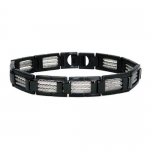Black Plated Stainless Steel Link Bracelet with Braided Accents (12mm) - 8.5 Inches